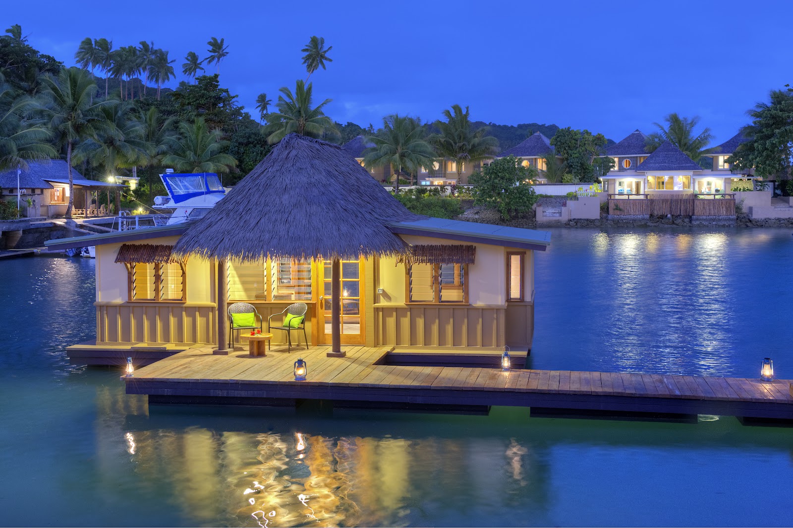 Koro Sun Resort overwater villa — aerial